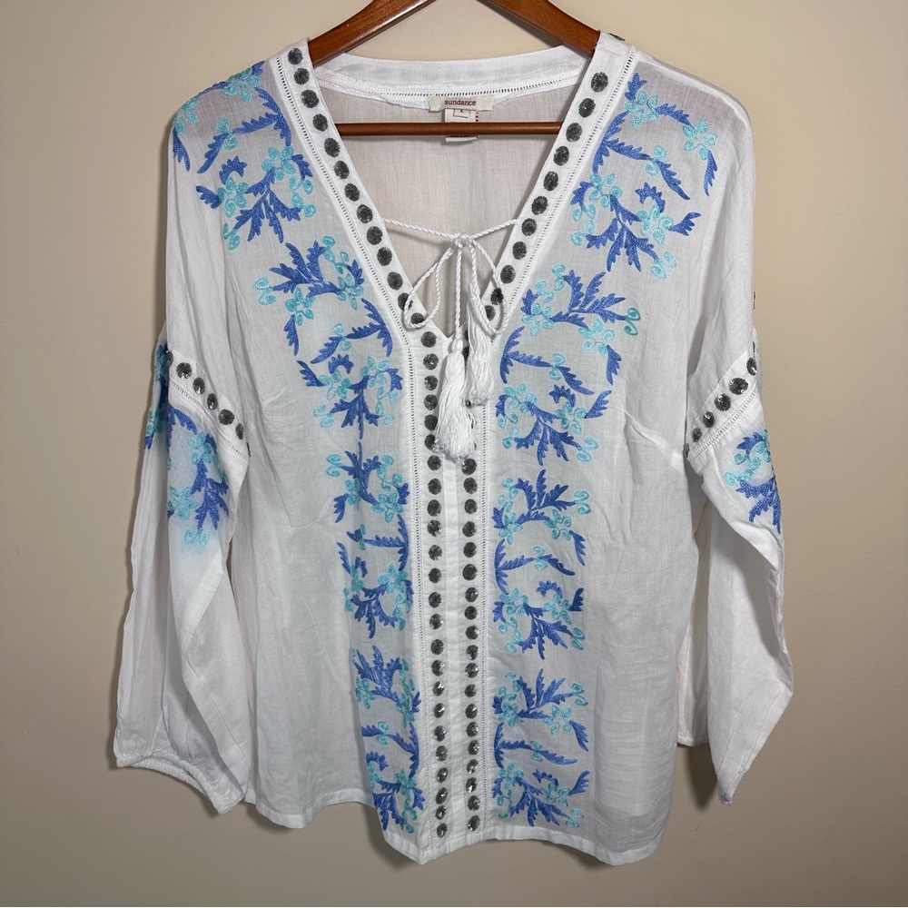 Sundance 100% Cotton Embroidered Boho Blouse with Sequin Details, Size Large